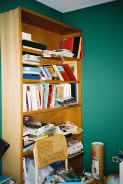 disorganized bookcase